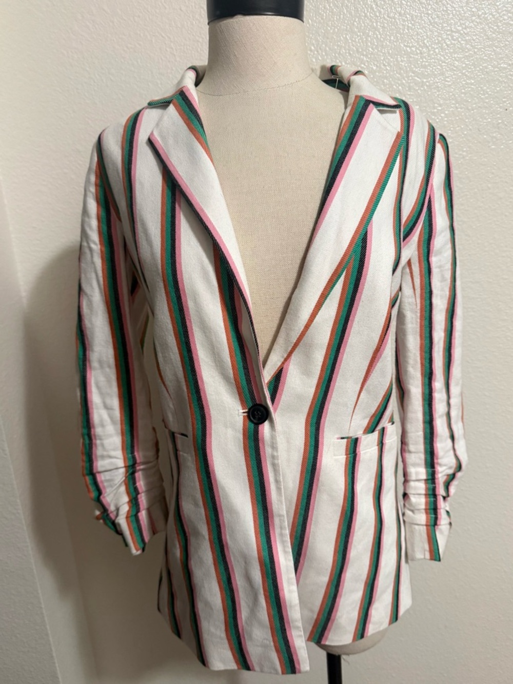 Halogen White Blazer with Green, Pink & Brown Stripes